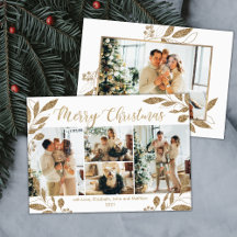 Elegant Gold Leaves 4 Photo Collage kerstkaart