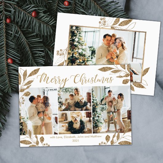 Elegant Gold Leaves 4 Photo Collage kerstkaart