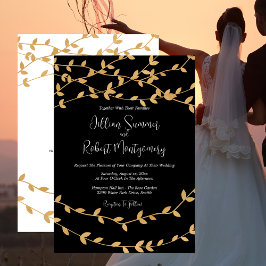 Elegant Gold Leaves Black and White Wedding Kaart