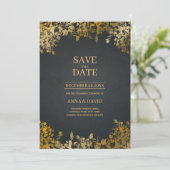 Elegant Gold Leaves, Black Save the Date Wedding Kaart (Staand voorkant)