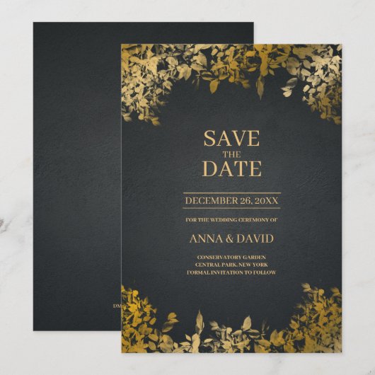 Elegant Gold Leaves, Black Save the Date Wedding Kaart (Voorkant / Achterkant)