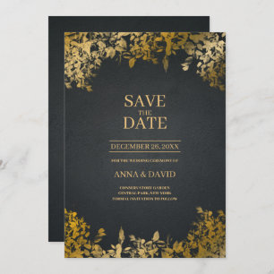 Elegant Gold Leaves, Black Save the Date Wedding Kaart