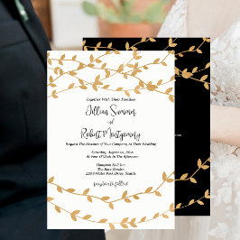 Elegant Gold Leaves Black White Wedding Kaart
