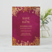 Elegant Gold Leaves Burgundy Save the Date Wedding Kaart (Staand voorkant)