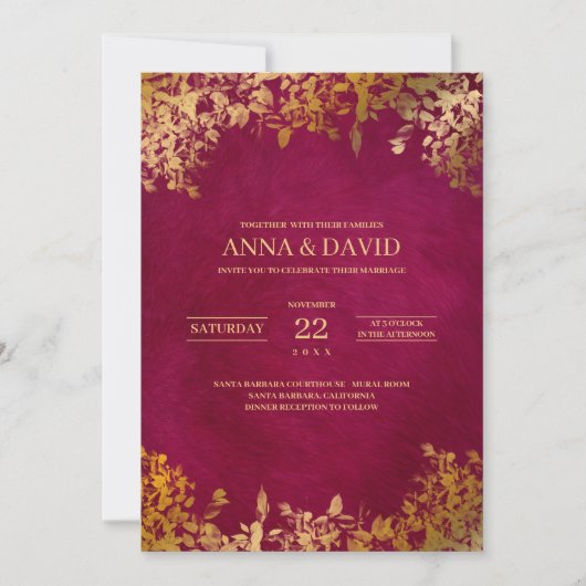 Elegant Gold Leaves Burgundy Wedding Kaart (Voorkant)