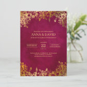 Elegant Gold Leaves Burgundy Wedding Kaart (Staand voorkant)