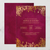 Elegant Gold Leaves Burgundy Wedding Kaart (Voorkant / Achterkant)