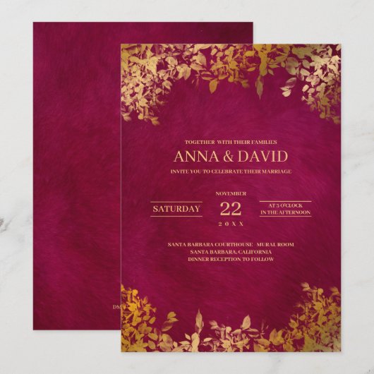 Elegant Gold Leaves Burgundy Wedding Kaart (Voorkant / Achterkant)