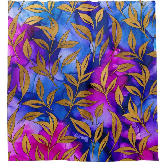 Elegant Gold Leaves Foliage Blue Paars Chic Douchegordijn (Voorkant)