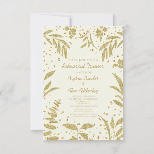 Elegant Gold Leaves Glitter Wedding Rehearings Kaart (Voorkant)