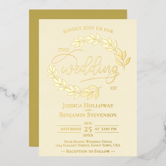 Elegant Gold Leaves op Ivory Cream Classy Wedding Folie Uitnodiging (Voorkant / Achterkant)