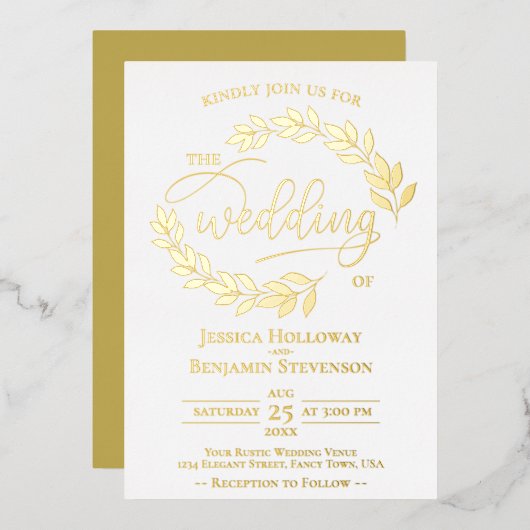 Elegant Gold Leaves op White Classy Wedding Folie Uitnodiging (Voorkant / Achterkant)