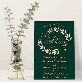 Elegant Gold Leaves over Emerald Green Chic Weddin Folie Uitnodiging