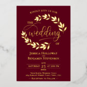 Elegant Gold Leaves over het Burgundy Classy Weddi Folie Uitnodiging (Voorkant)