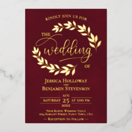 Elegant Gold Leaves over het Burgundy Classy Weddi Folie Uitnodiging