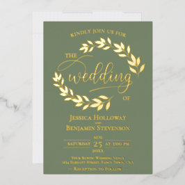 Elegant Gold Leaves over Sage Green Classy Wedding Folie Uitnodiging
