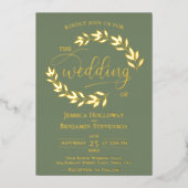 Elegant Gold Leaves over Sage Green Classy Wedding Folie Uitnodiging (Voorkant)