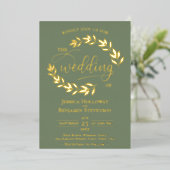 Elegant Gold Leaves over Sage Green Classy Wedding Folie Uitnodiging (Staand Voorkant)