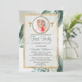 Elegant Gold Leaves Photo First Commune Kaart (Staand voorkant)