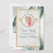 Elegant Gold Leaves Photo First Commune Kaart (Achterkant)