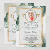 Elegant Gold Leaves Photo First Commune Kaart (Voorkant / Achterkant)