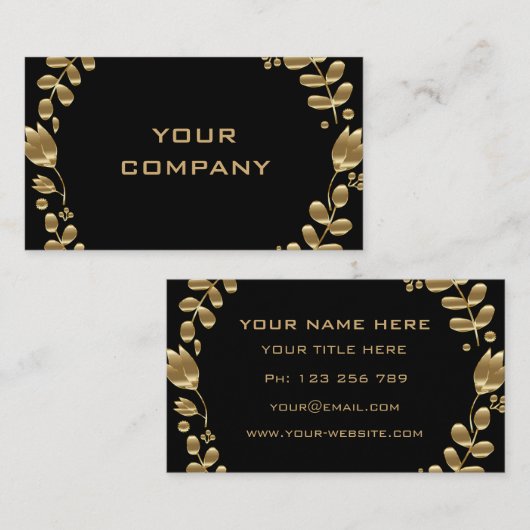 Elegant Gold Leaves Tulips Black Business Card Visitekaartje (Voorkant / Achterkant)
