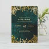 Elegant Gold Leaves Velvet Green Wedding Kaart (Staand voorkant)