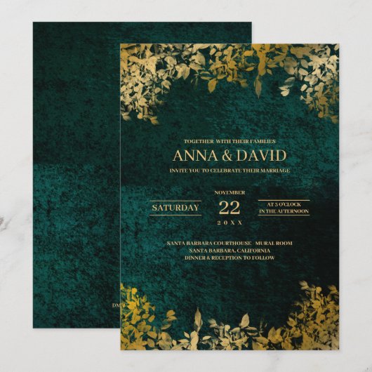 Elegant Gold Leaves Velvet Green Wedding Kaart (Voorkant / Achterkant)