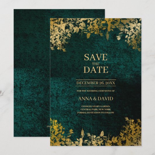 Elegant Gold Leaves Velvet Save the Date Wedding Kaart (Voorkant / Achterkant)