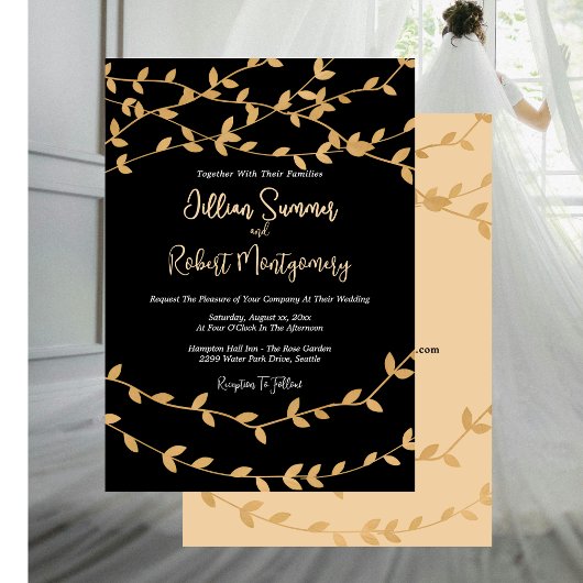 Elegant Gold Leaves with Black Wedding Invitation Kaart
