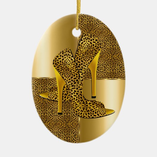 Elegant Gold Leopard High Hielschoen Dier Keramisch Ornament (Voorkant)