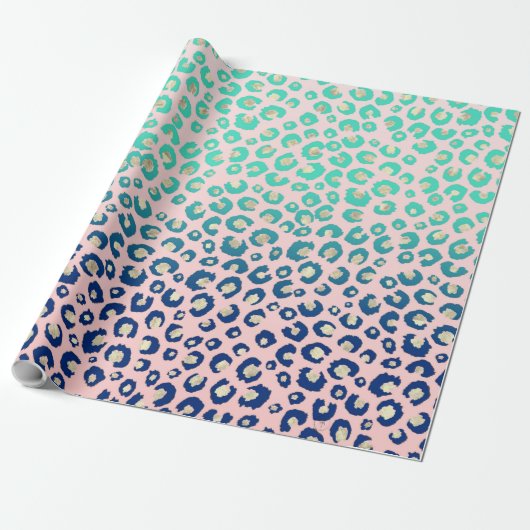 Elegant Gold leopard print Blue Mint Gradient Roze Cadeaupapier (Uitgerold)