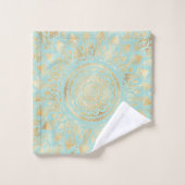 Elegant Gold Light Blauwgroen Mandala Floral Bad Handdoek (Wasdoekje)