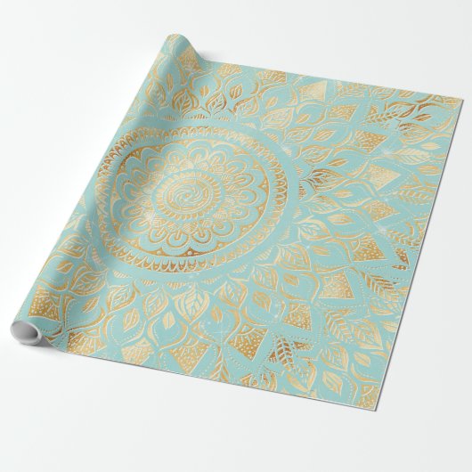 Elegant Gold Light Blauwgroen Mandala Floral Cadeaupapier (Uitgerold)