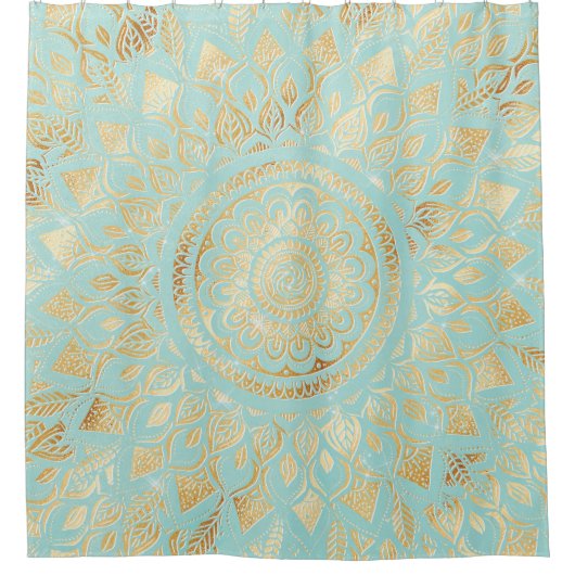 Elegant Gold Light Blauwgroen Mandala Floral Douchegordijn (Voorkant)