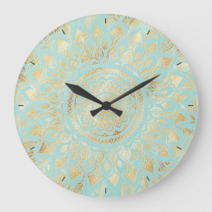 Elegant Gold Light Blauwgroen Mandala Floral Grote Klok