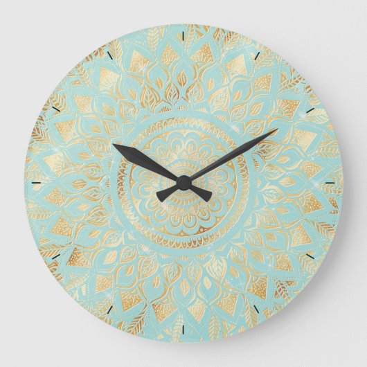 Elegant Gold Light Teal Mandala Floral Grote Klok (Voorkant)