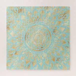 Elegant Gold Light Teal Mandala Floral Legpuzzel
