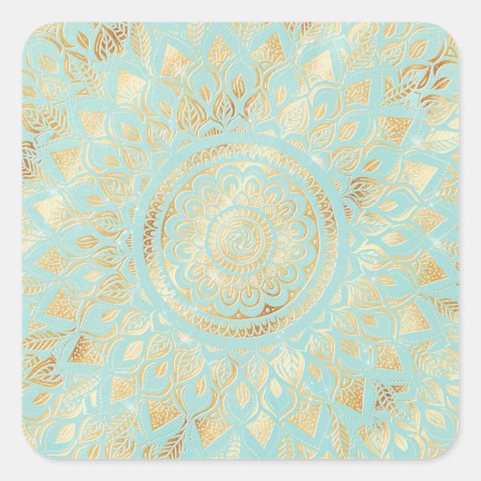 Elegant Gold Light Teal Mandala Floral Vierkante Sticker (Voorkant)