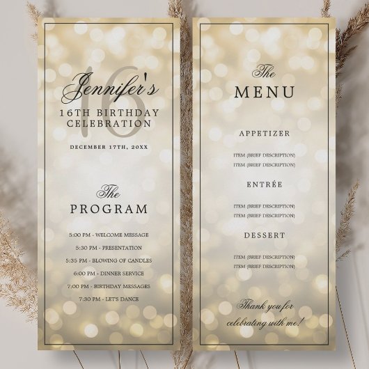 Elegant Gold Lights 16th Birthday Program Menu  Kaart