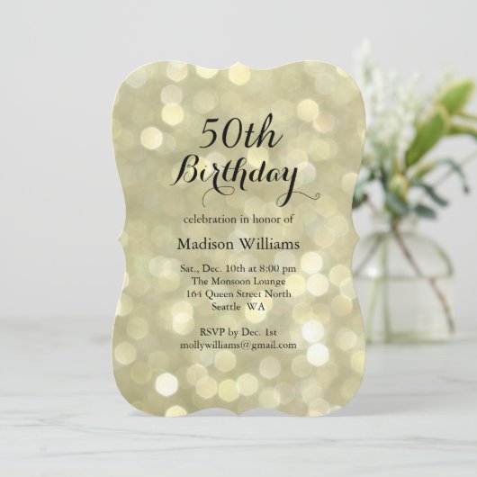 Elegant Gold Lights 50e verjaardag Uitnodiging (Staand voorkant)