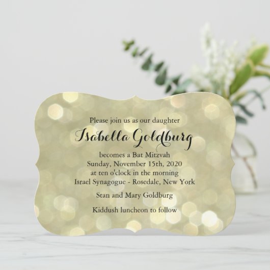 Elegant Gold Lights Bat Mitzvah Uitnodiging (Staand voorkant)