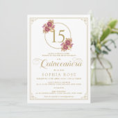 Elegant Gold Lijst & Bourgogne Roos Quinceanera Kaart (Staand voorkant)