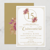 Elegant Gold Lijst & Bourgogne Roos Quinceanera Kaart (Voorkant / Achterkant)