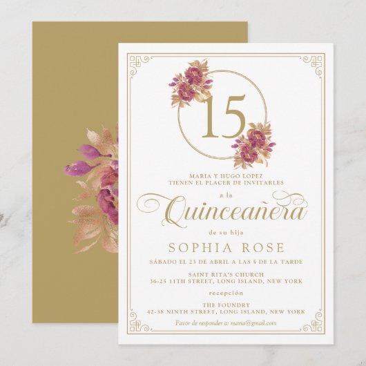 Elegant Gold Lijst & Bourgogne Roos Quinceanera Kaart (Voorkant / Achterkant)