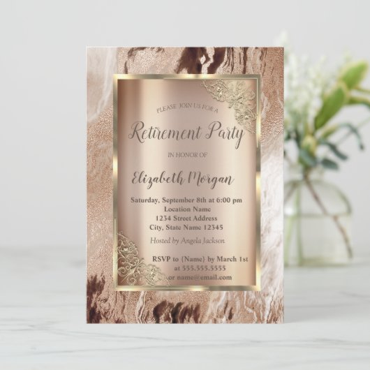 Elegant Gold Lijst, bruine marmer Retirement Kaart (Staand voorkant)