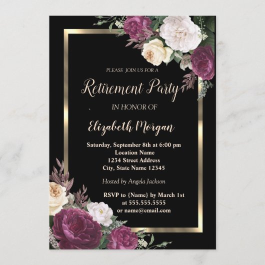 Elegant Gold Lijst Burgundy Floral Retirement Kaart (Voorkant)
