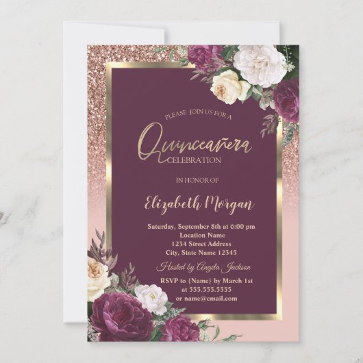 Elegant Gold Lijst Burgundy Rozen Quinceañera Kaart (Voorkant)