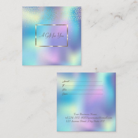 Elegant Gold Lijst, Confetti Blue Holographic Kortingskaartje (Voorkant / Achterkant)