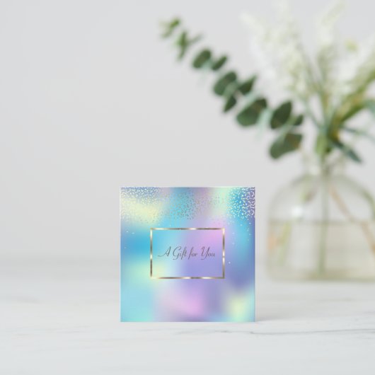 Elegant Gold Lijst, Confetti Blue Holographic Kortingskaartje (Staand voorkant)
